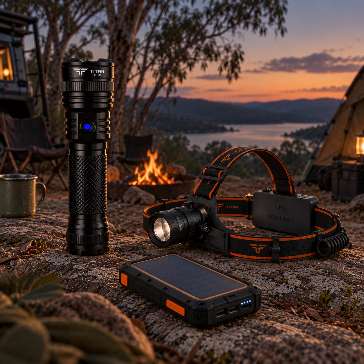 Titan Range TF22 rechargeable torch, TH13 headlamp and solar power bank at an Australian bush campsite at dusk, with a campfire, 4WD, tent and lake in the background.