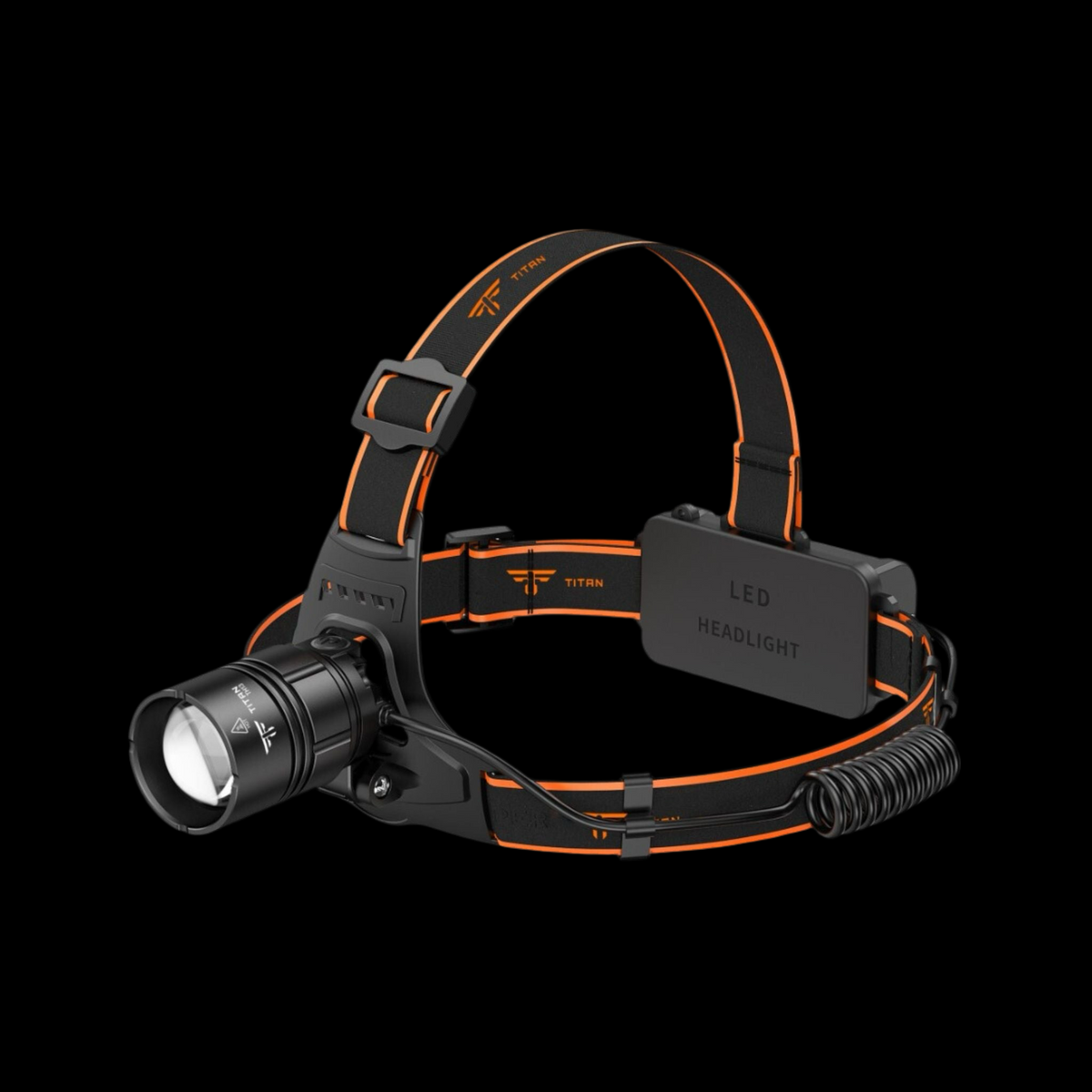 titan-range-th13-headlamp-black-and-orange-band-on-dark-background
