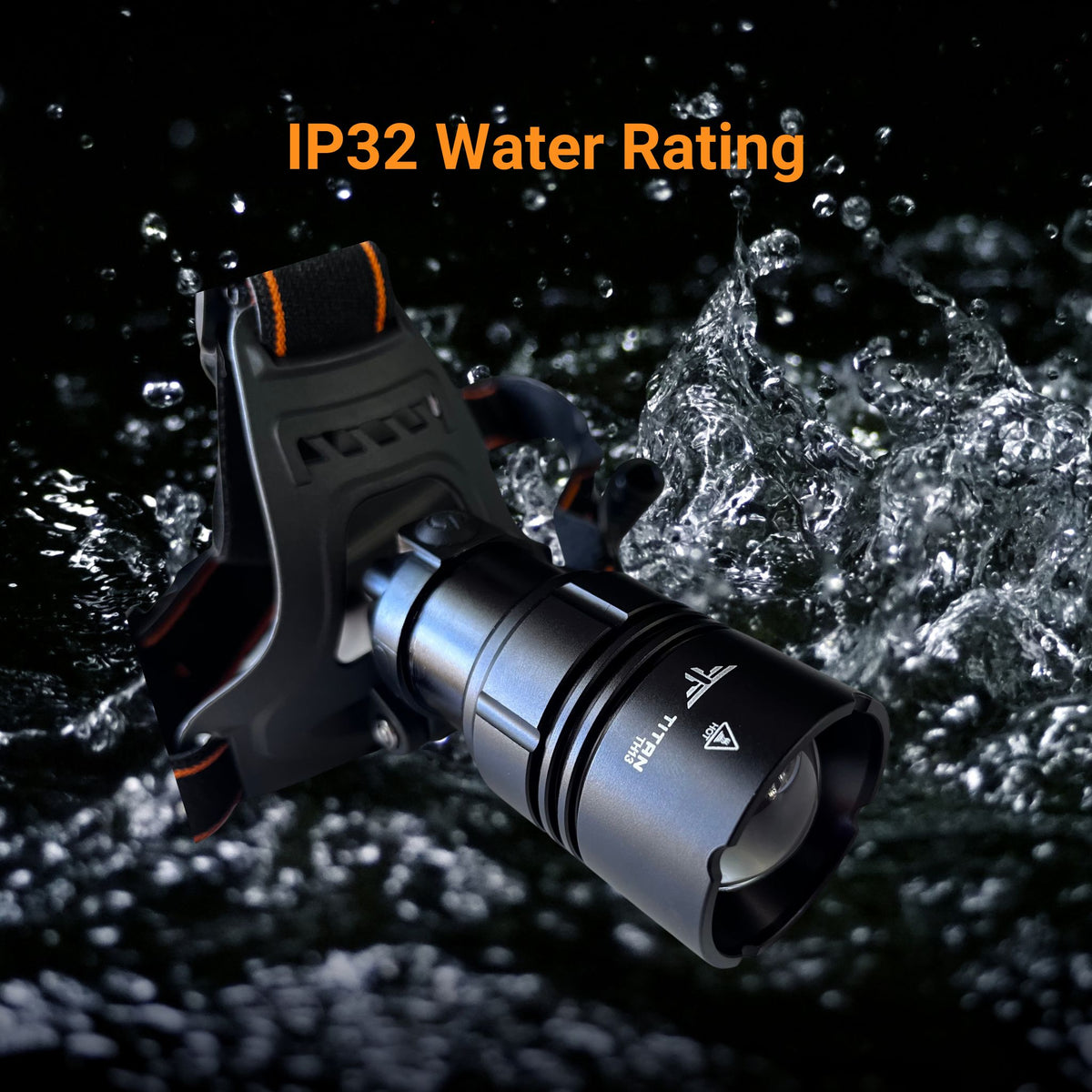 Titan TH13 headlamp against a water-splash background, with IP32 water rating shown