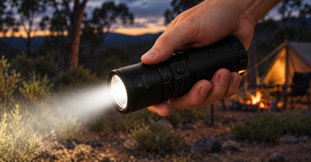 AI-created lifestyle scene of a Titan torch held in clean hands at a campsite at dusk